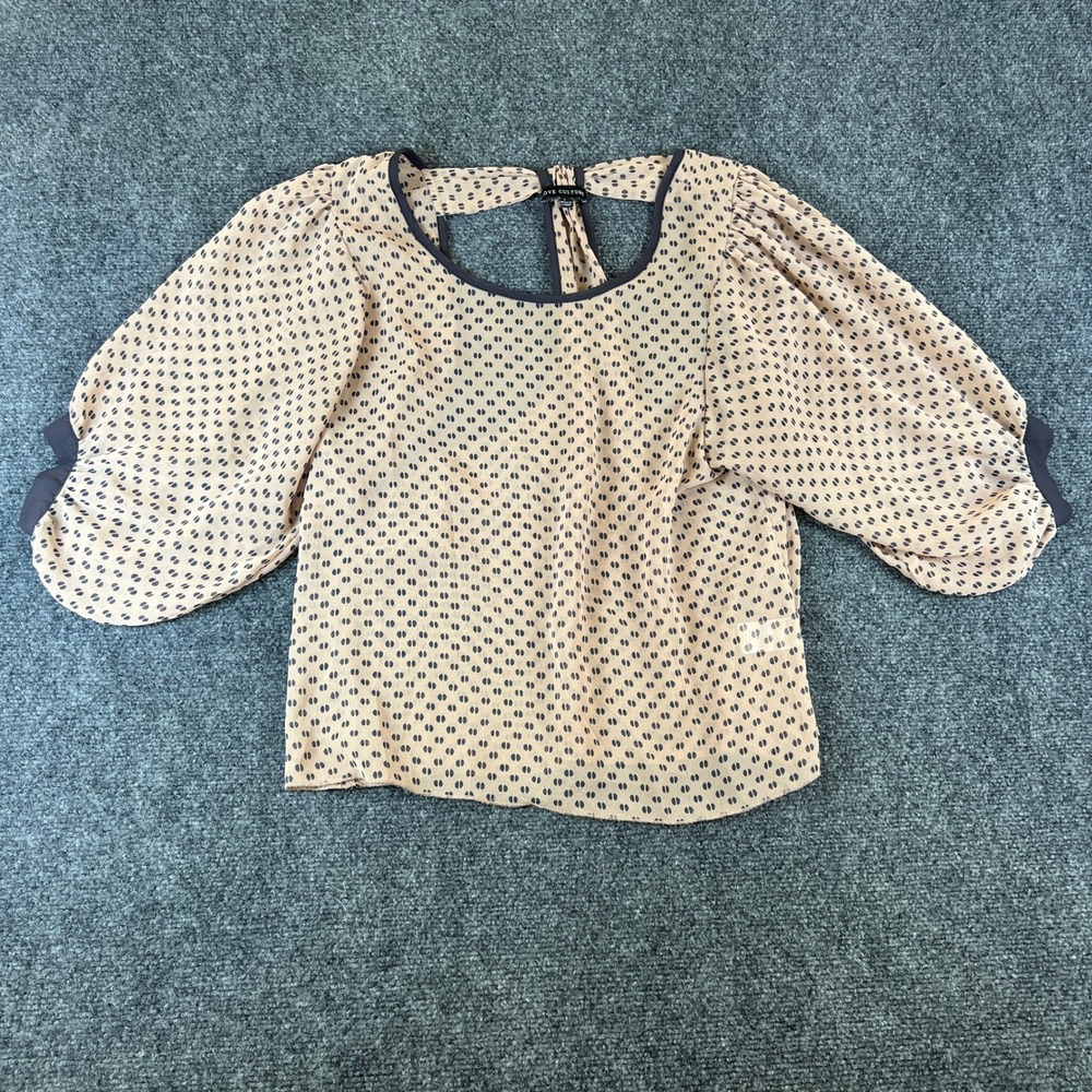 Love Culture Tan Black Split Dot Puff Sleeve Open Back Tie Blouse Large KT3741